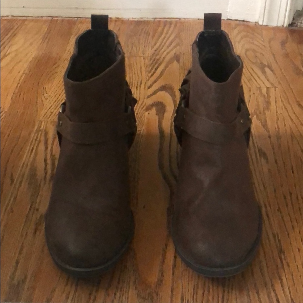 Brown leather buckled booties